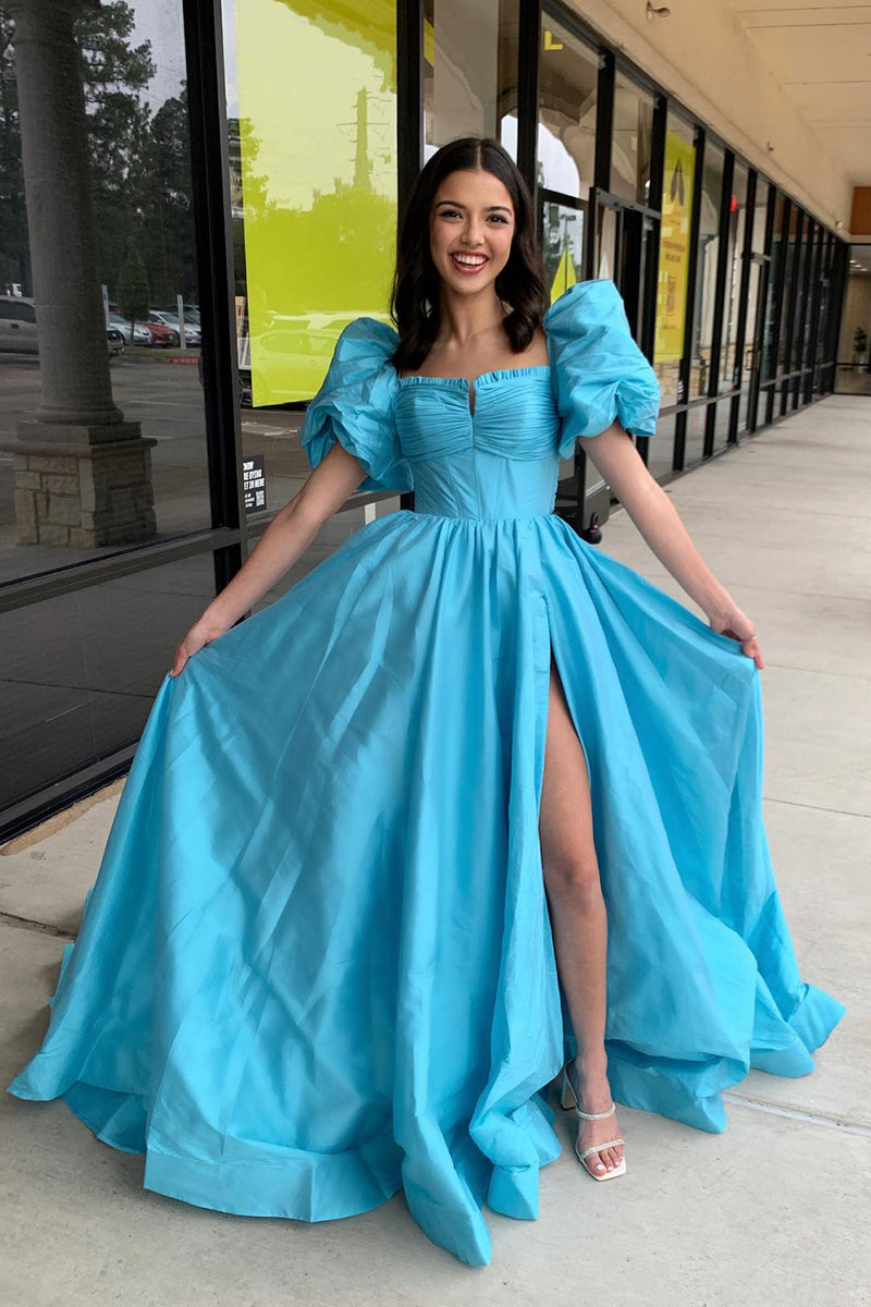 Load image into Gallery viewer, Blue A-Line Puff Sleeves Corset Ruffle Long Prom Dress with Slit