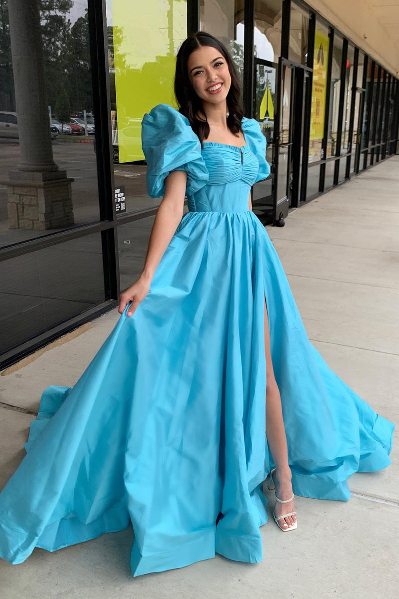 Load image into Gallery viewer, Blue A-Line Puff Sleeves Corset Ruffle Long Prom Dress with Slit