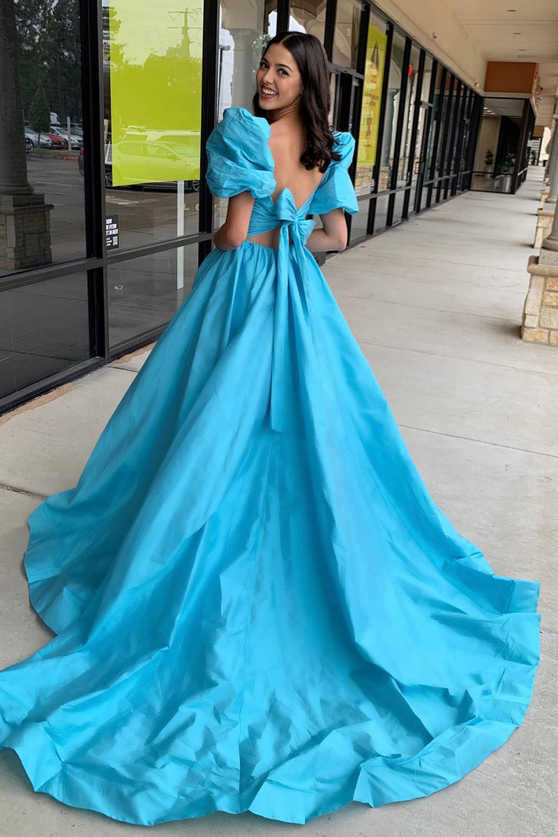 Load image into Gallery viewer, Blue A-Line Puff Sleeves Corset Ruffle Long Prom Dress with Slit