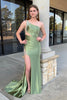 Load image into Gallery viewer, Sparkly Sage Mermaid Tassel One Shoulder Satin Long Prom Dress with Slit