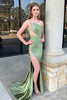 Load image into Gallery viewer, Sparkly Sage Mermaid Tassel One Shoulder Satin Long Prom Dress with Slit