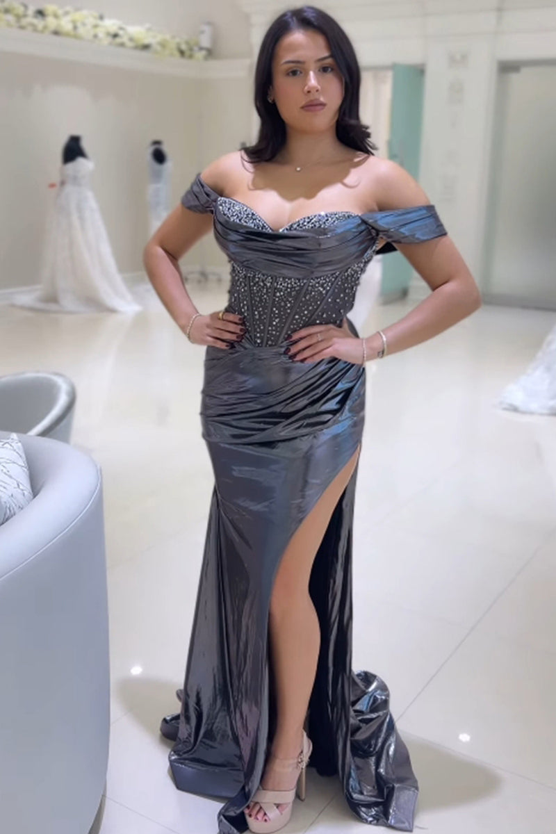 Load image into Gallery viewer, Sparkly Grey Mermaid Off the Shoulder Beaded Corset Ruched Satin Long Prom Dress with Slit