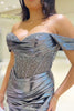 Load image into Gallery viewer, Sparkly Grey Mermaid Off the Shoulder Beaded Corset Ruched Satin Long Prom Dress with Slit