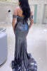 Load image into Gallery viewer, Sparkly Grey Mermaid Off the Shoulder Beaded Corset Ruched Satin Long Prom Dress with Slit