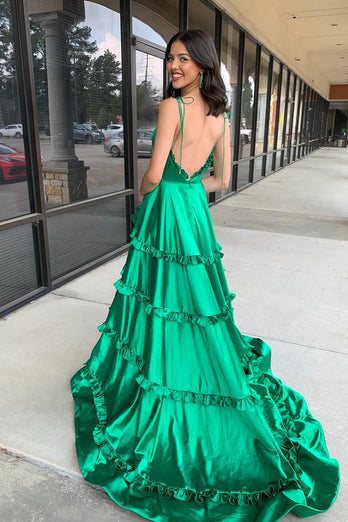 Green A-Line Spaghetti Straps Ruffles Satin Long Prom Dress with Slit