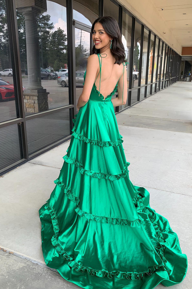 Load image into Gallery viewer, Green A-Line Spaghetti Straps Ruffles Satin Long Prom Dress with Slit