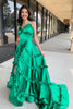 Load image into Gallery viewer, Green A-Line Spaghetti Straps Ruffles Satin Long Prom Dress with Slit