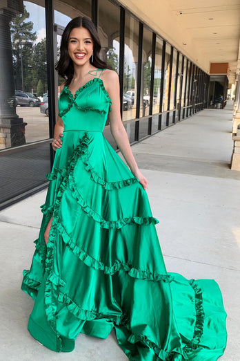 Green A-Line Spaghetti Straps Ruffles Satin Long Prom Dress with Slit