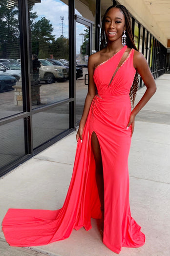 Sparkly Coral Mermaid Sequined One Shoulder Ruched Long Prom Dress with Slit