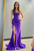 Load image into Gallery viewer, Sparkly Violet Mermaid Spaghetti Straps Beaded Corset Satin Ruched Long Prom Dress with Slit