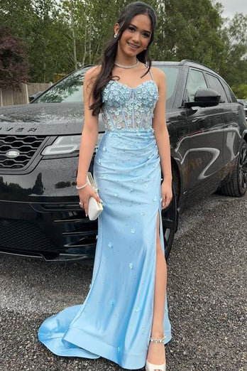 Sparkly Navy Mermaid Spaghetti Straps Flowers Beaded Long Prom Dress with Slit