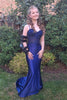 Load image into Gallery viewer, Sparkly Navy Mermaid Spaghetti Straps Flowers Beaded Long Prom Dress with Slit