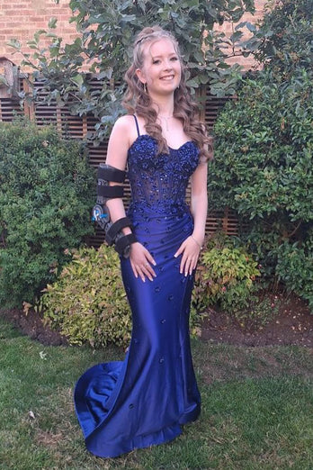 Sparkly Navy Mermaid Spaghetti Straps Flowers Beaded Long Prom Dress with Slit