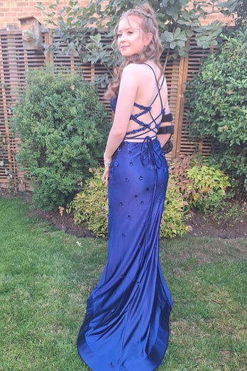 Sparkly Navy Mermaid Spaghetti Straps Flowers Beaded Long Prom Dress with Slit