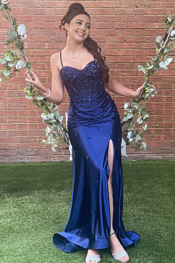 Sparkly Navy Mermaid Spaghetti Straps Flowers Beaded Long Prom Dress with Slit