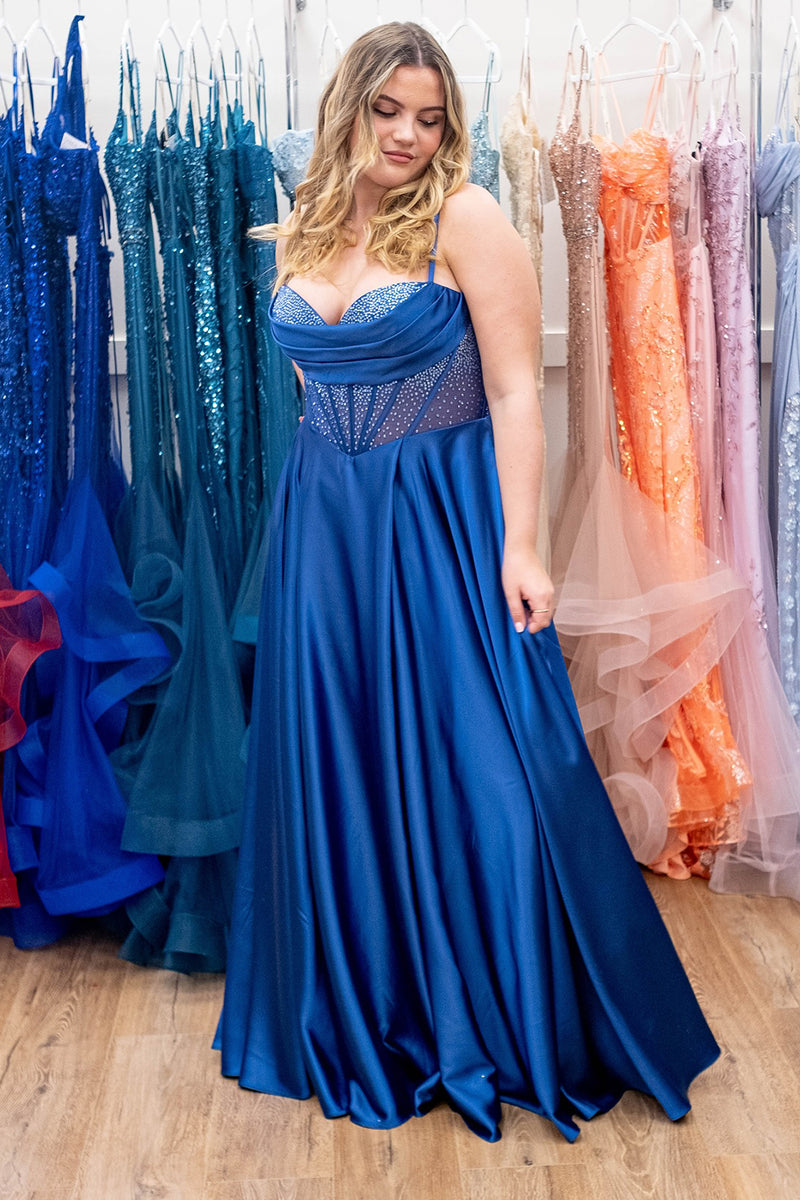 Load image into Gallery viewer, Sparkly Royal Blue A-Line Spaghetti Straps Beaded Corset Long Prom Dress with Slit