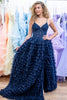 Load image into Gallery viewer, Sparkly Navy A-Line Spaghetti Straps Appliques Corset Ruffles Long Prom Dress with Slit