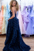 Load image into Gallery viewer, Sparkly Navy A-Line Spaghetti Straps Appliques Corset Ruffles Long Prom Dress with Slit