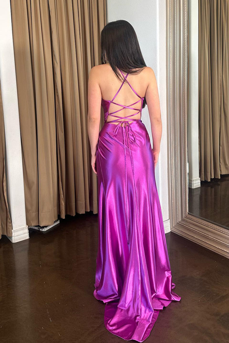 Load image into Gallery viewer, Purple Mermaid Spaghetti Straps Ruched Wrap Long Prom Dress with Slit