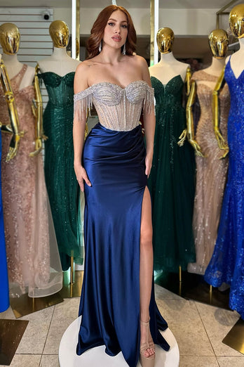 Sparkly Navy Long BeadedProm Dress with Fringes