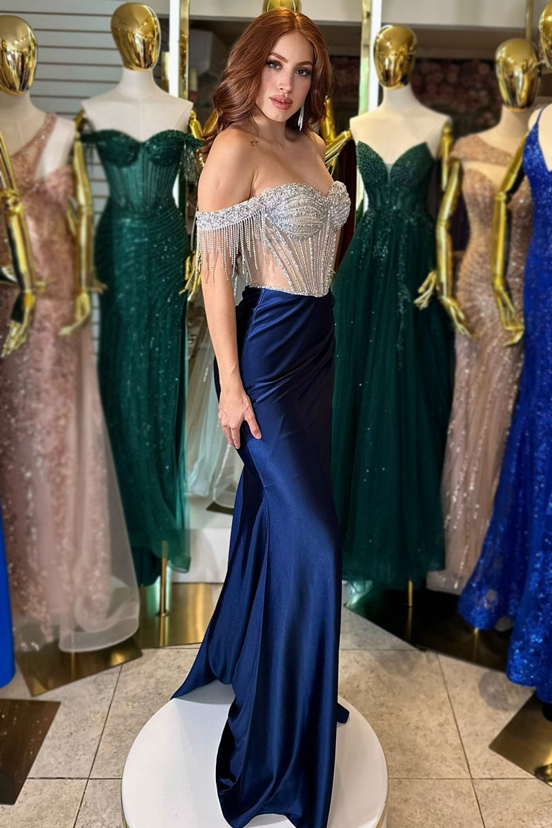 Load image into Gallery viewer, Sparkly Navy Long BeadedProm Dress with Fringes