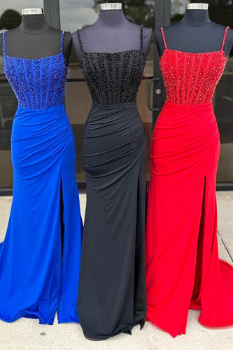 Sparkly Black Corset Square Neck Beaded Long Prom Dress with Slit