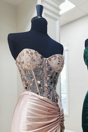 Sparkly Dark Green Mermaid Strapless Corset Mirrors Long Prom Dress with Slit