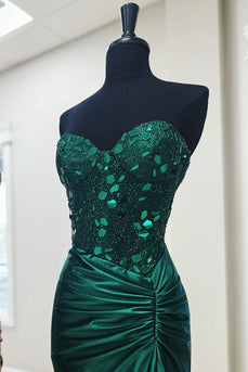 Sparkly Dark Green Mermaid Strapless Corset Mirrors Long Prom Dress with Slit