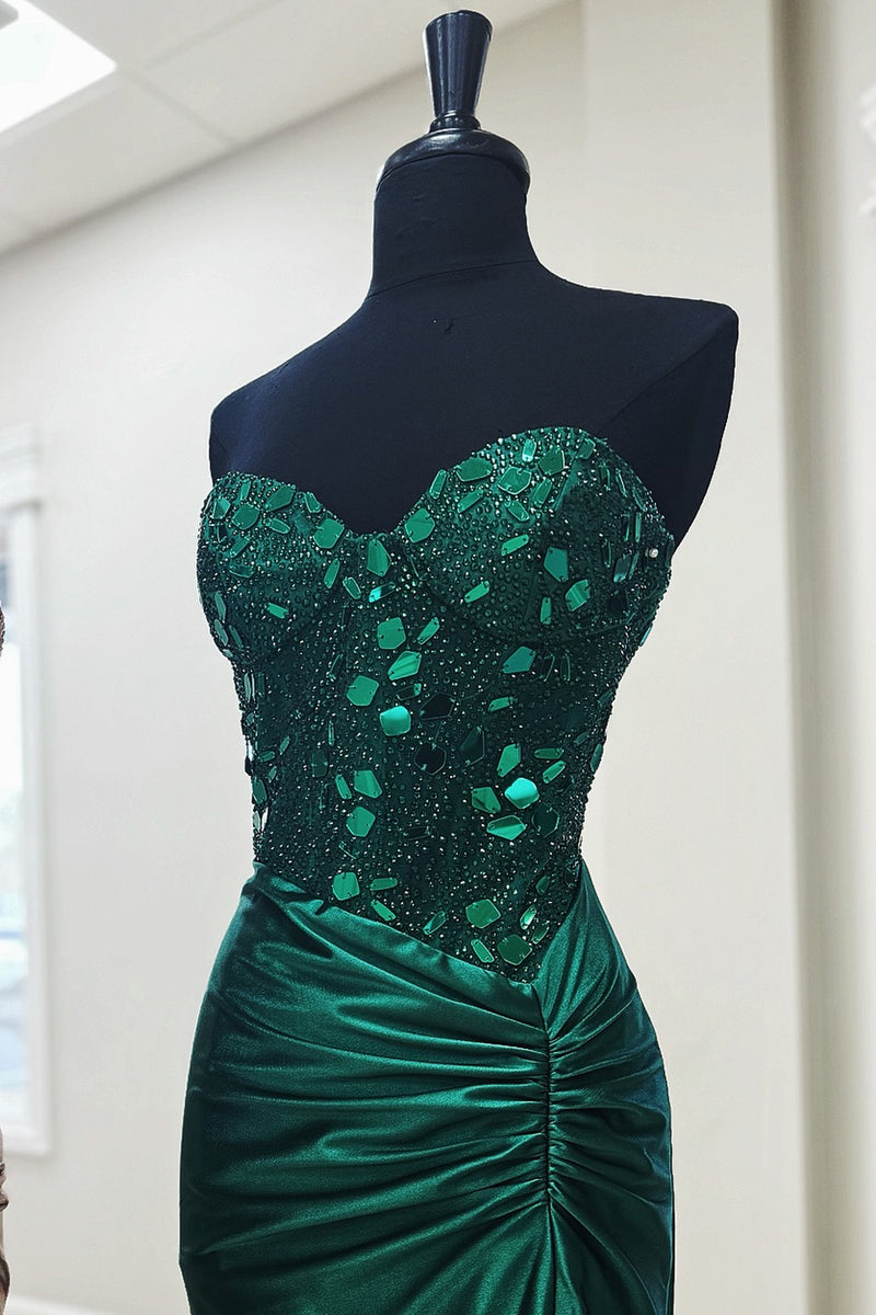 Load image into Gallery viewer, Sparkly Dark Green Mermaid Strapless Corset Mirrors Long Prom Dress with Slit