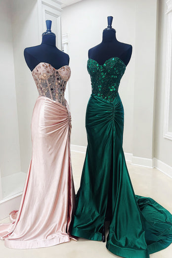 Sparkly Dark Green Mermaid Strapless Corset Mirrors Long Prom Dress with Slit