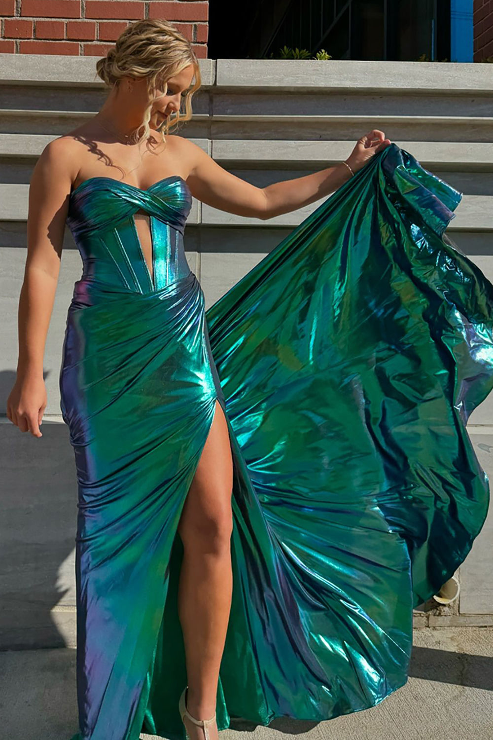 Chameleon Keyhole Dark Green Corset Long Prom Dress with Slit