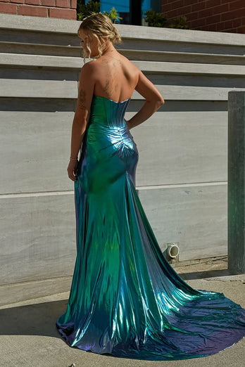 Chameleon Keyhole Dark Green Corset Long Prom Dress with Slit