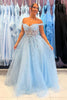 Load image into Gallery viewer, Sparkly Sky Blue Off The Shoulder Corset Long Prom Dress