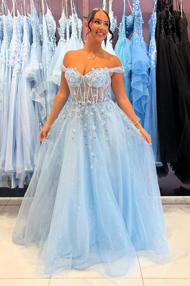 Load image into Gallery viewer, Sparkly Sky Blue Off The Shoulder Corset Long Prom Dress