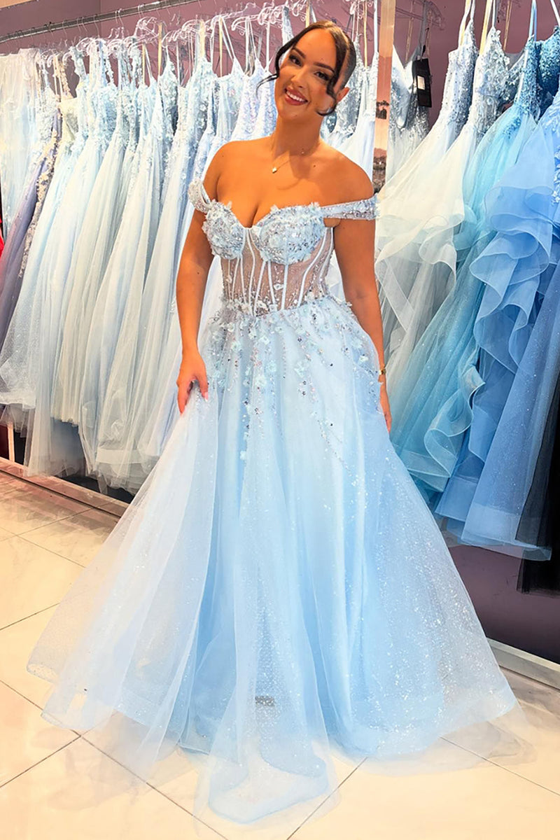 Load image into Gallery viewer, Sparkly Sky Blue Off The Shoulder Corset Long Prom Dress