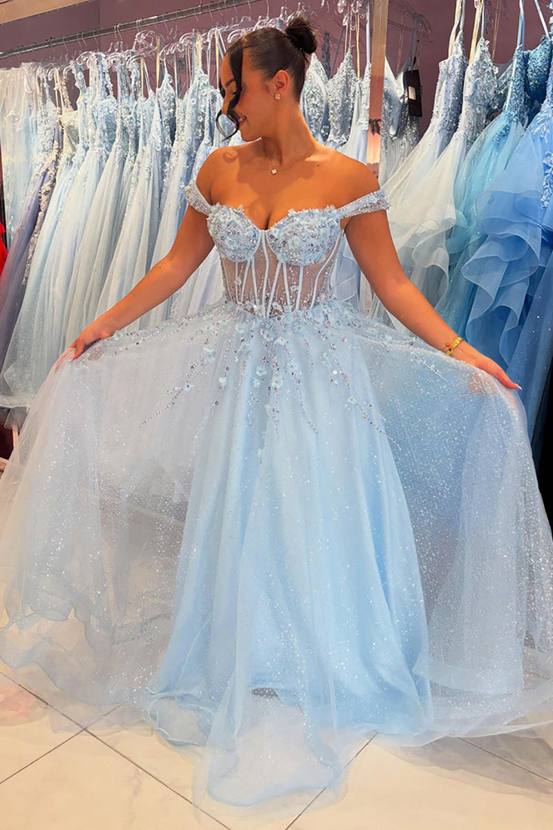 Load image into Gallery viewer, Sparkly Sky Blue Off The Shoulder Corset Long Prom Dress