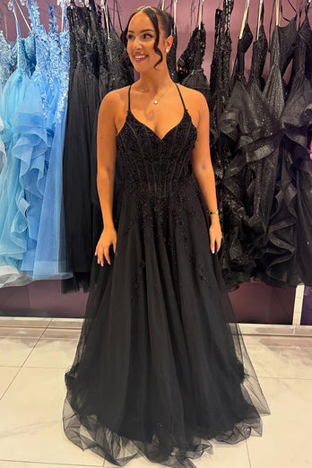 Sparkly Black A Line V-Neck Corset Long Prom Dress