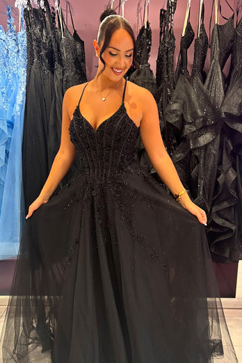 Sparkly Black A Line V-Neck Corset Long Prom Dress