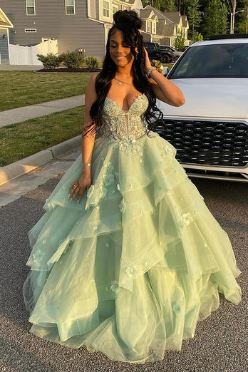 Princess Sage A Line Long Corset Prom Dress with Appliques