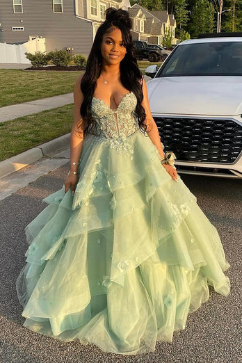 Princess Sage A Line Long Corset Prom Dress with Appliques