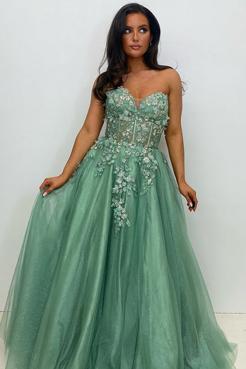 Sparkly Sage Corset Strapless Long Tulle Prom Dress with Appliques