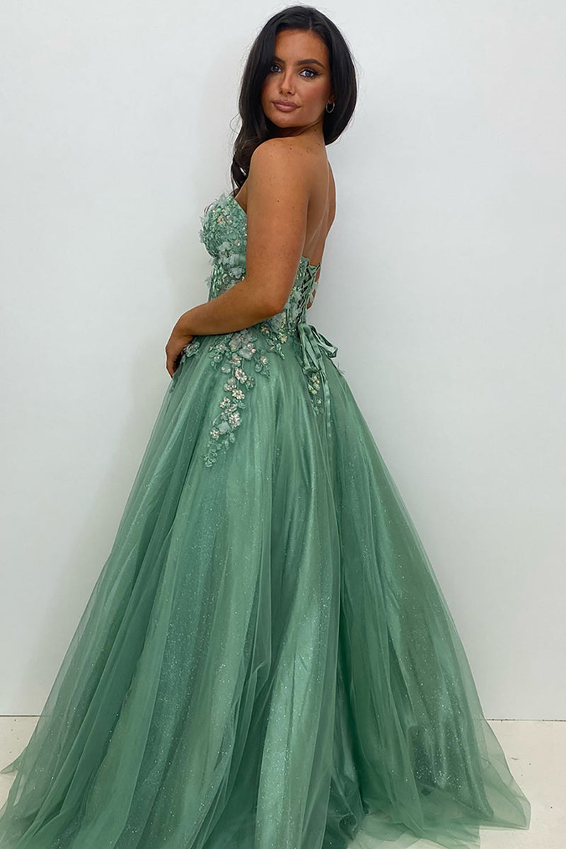 Load image into Gallery viewer, Sparkly Sage Corset Strapless Long Tulle Prom Dress with Appliques