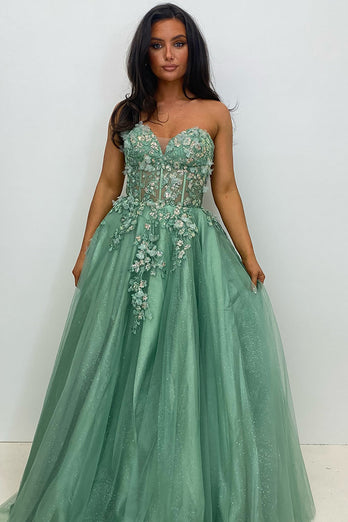 Sparkly Sage Corset Strapless Long Tulle Prom Dress with Appliques