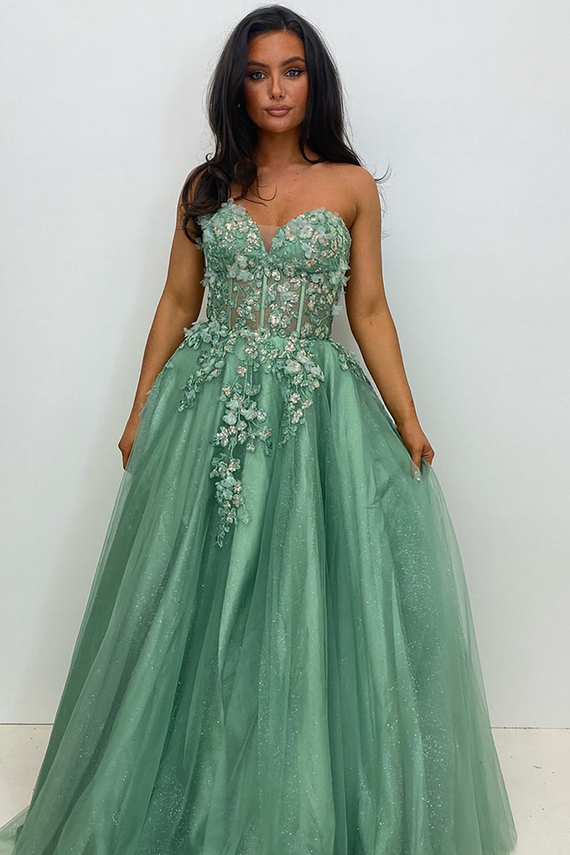 Load image into Gallery viewer, Sparkly Sage Corset Strapless Long Tulle Prom Dress with Appliques