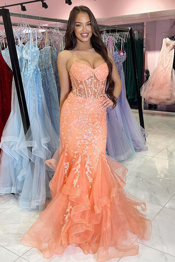 Sparkly Mermaid Orange Corset Long Prom Dress with Appliques