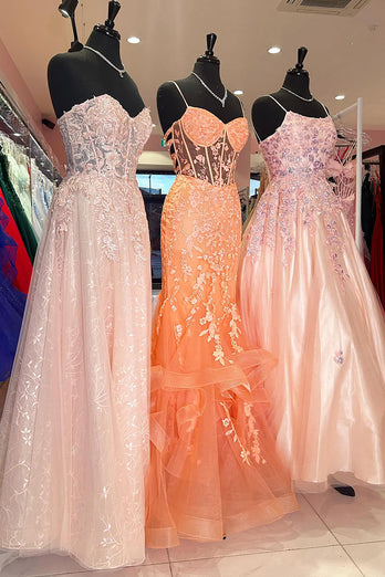 Sparkly Mermaid Orange Corset Long Prom Dress with Appliques