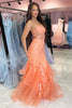 Load image into Gallery viewer, Sparkly Mermaid Orange Corset Long Prom Dress with Appliques