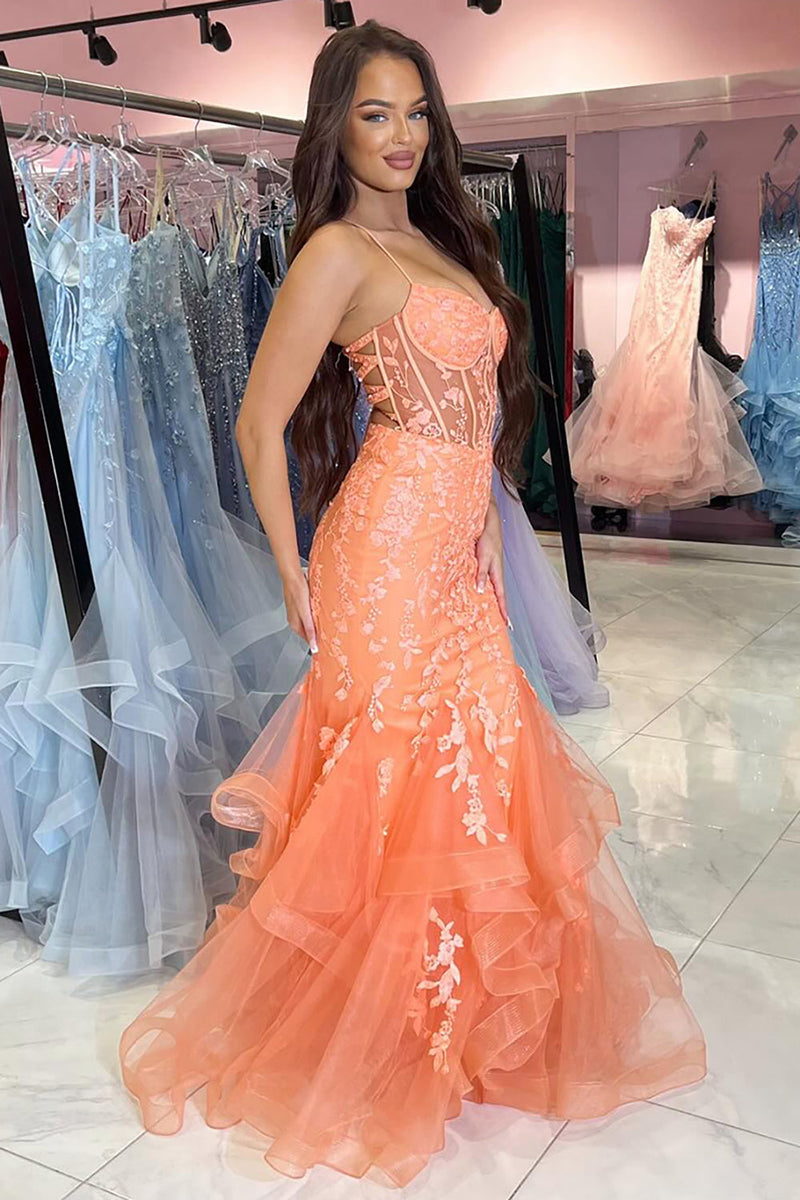 Load image into Gallery viewer, Sparkly Mermaid Orange Corset Long Prom Dress with Appliques