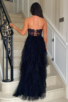 Black A Line Tiered Strapless Embroideried Long Prom Dress with Slit