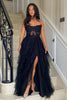 Load image into Gallery viewer, Black A Line Tiered Strapless Embroideried Long Prom Dress with Slit